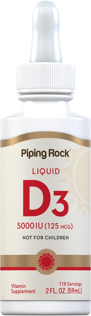 Piping Rock Vitamin D3 Liquid 5000 IE (125 mcg) | 2 oz | Vitamin D Drops för vuxna | Vegetarisk, icke-GMO, Gluten fri tillägg