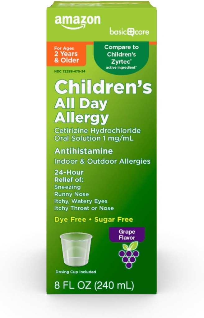 Grundläggande vård 24 timmars allergilindring för barn, Cetirizine Hydrochloride Oral Solution 1 mg / mL, Grape smak, Dye Free, 8 fl oz (Pack av 1)