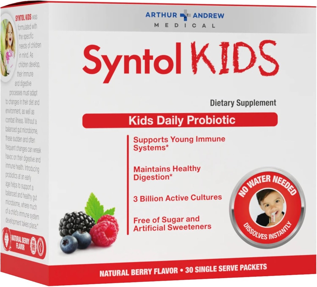 Arthur Andrew Medical, Syntol Kids, Daily Probiotic Supplement för Digestive Health och Young Immune Systems, No Sugar eller Artificial Sweeteners, Berry Flavor, Vegan, 30 Sachets