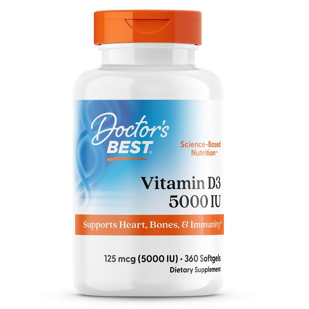Doktorns bästa vitamin D3 5 000 IE för hälsosamma ben, tänder, hjärta och immunsupport, icke-GMO, glutenfri, sojafri, 360 greve ( 1)