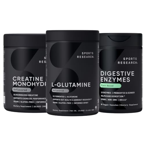 Sportforskning L-Glutamin (100 portioner), Kreatinmonohydrat (60 portioner) och Digestive Enzymes med Probiotics & Ginger (90 portioner) - All icke-GMO Verified, Vegan & Gluten Free