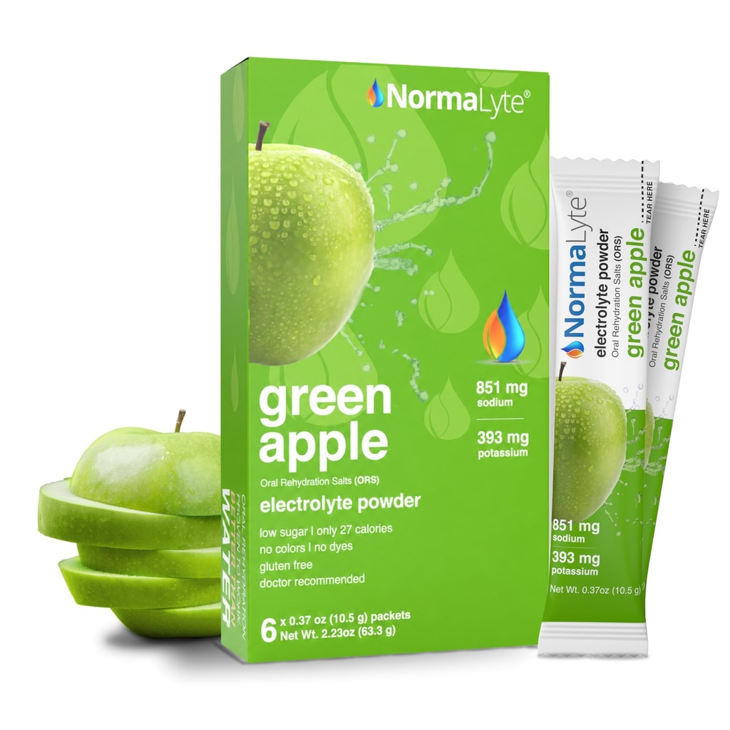 NormaLyte Oral Rehydration Salts- Pack av 6 (Apple) | Energitillskott, Electrolytes Packets, Kaliumtillskott, Hydration Sachet, Inga konserveringsmedel, Vegan, Dehydrering