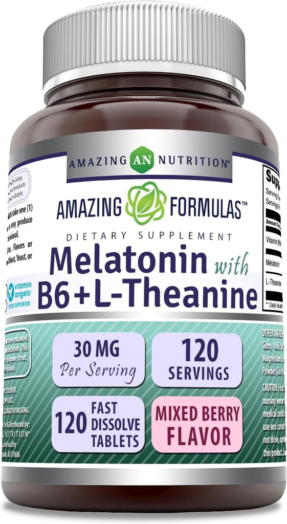 Fantastiska formler Melatonin med vitamin B6 + L-Theanine Supplement | 30 Mg Per Servering | Mixed Berry Flavor | 120 tabletter | Non-GMO | Gluten Free | Made in USA