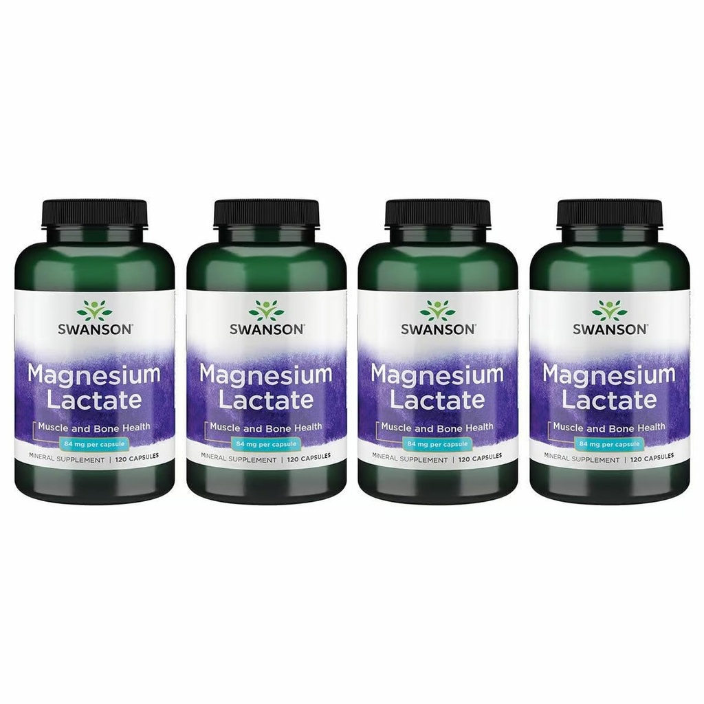Swanson Magnesium Laktat - Mineral Supplement främjar muskel- och benhälsostöd - Laktosfri Laktat Mineral Form för Gentle Absorption - (120 kapslar, 84mg Varje) 4 Pack