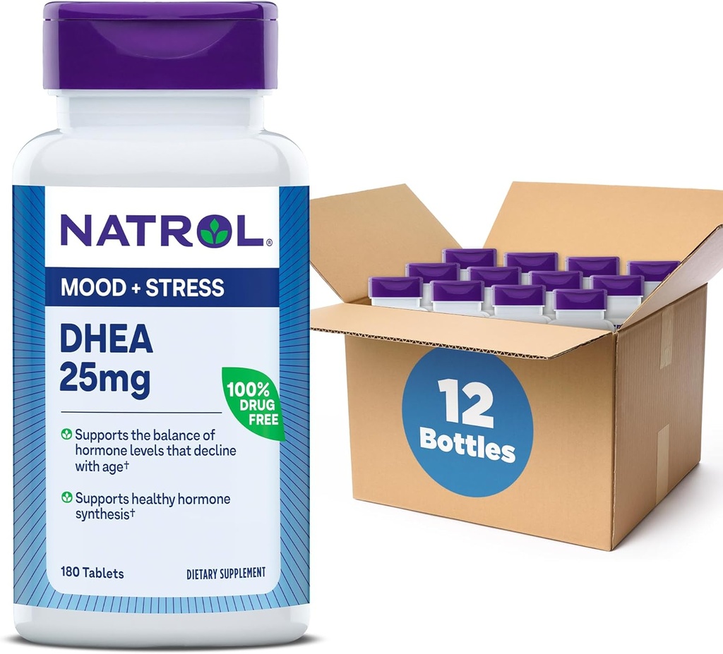 Natrol Mood & Stress DHEA 25mg med Calcium, Kosttillskott för balans av vissa hormonnivå och humörsupport, 180 tabletter, 180 dagars leverans (Pack av 12)