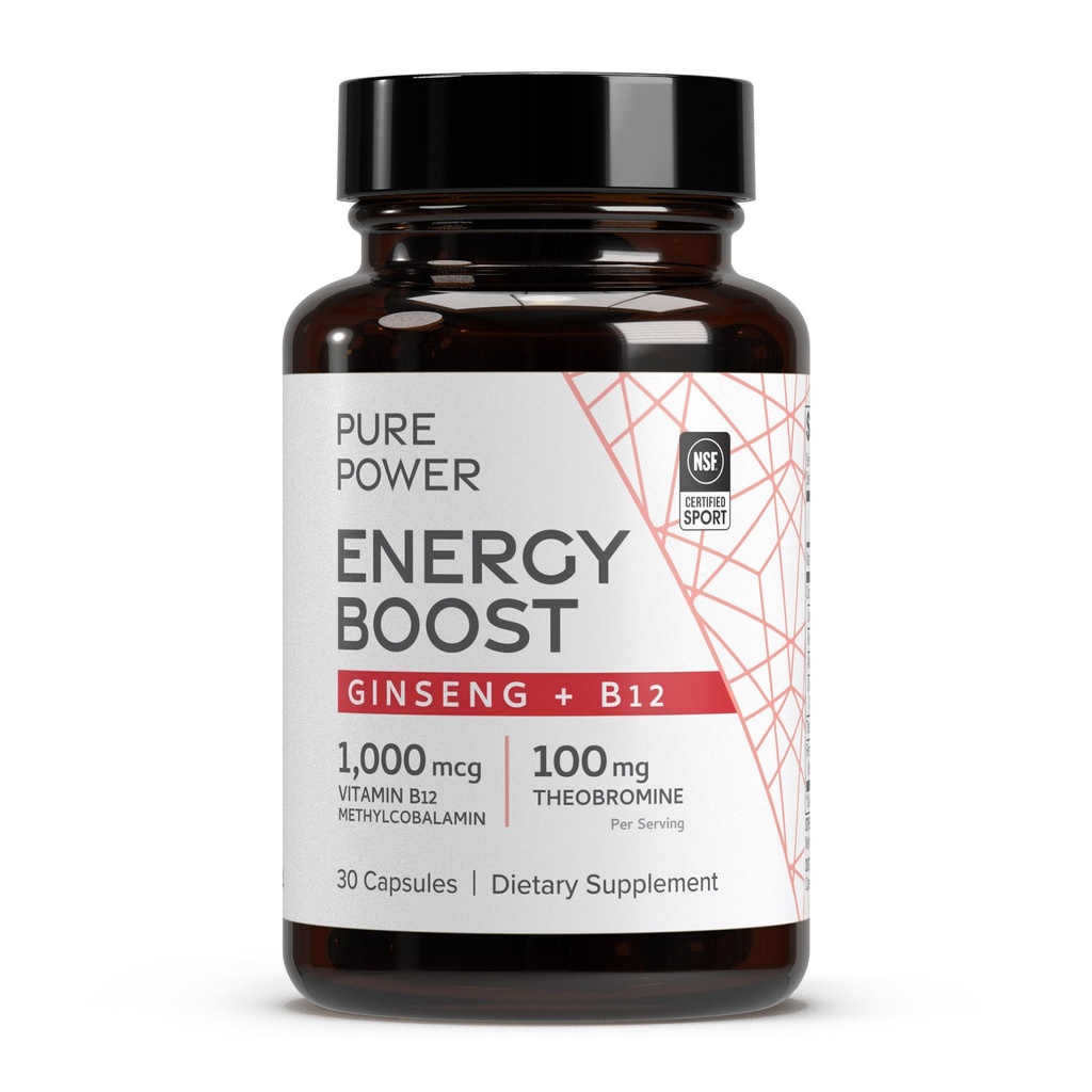 Dr Mercola Pure Power Energy Boost, 30 portioner (30 kapslar), Ginseng + B12, kosttillskott, ökar fysisk och mental energi, icke-GMO