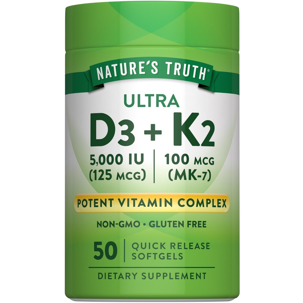 Naturens Sanning Vitamin K2 MK7 Komplex | 100 mcg | 50 Softgels | med D3 | Non-GMO & Gluten fri tillägg