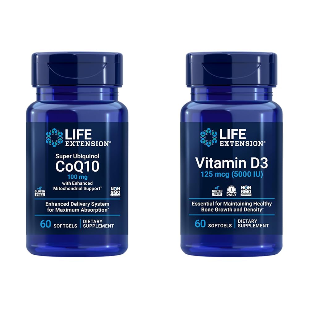 Life Extension Super Ubiquinol CoQ10 med förbättrad Mitochondrial Support & Vitamin D3 125 mcg (5000 IE), Bone Health