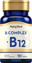 Piping Rock Vitamin B Complex | 180 tabletter | med B12 | Vegetarisk, icke-GMO, Soja fri tillägg