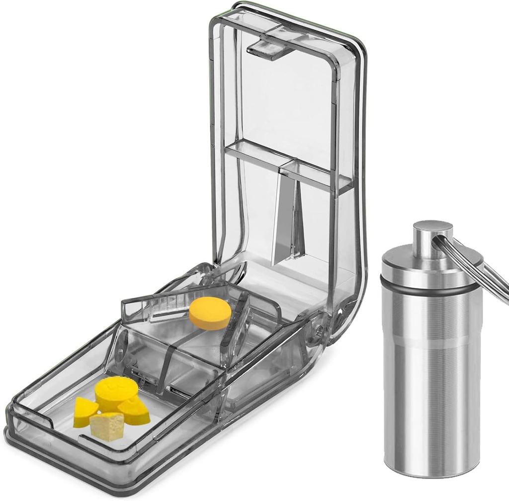 JohnBee Pill Cutter | Bästa Pill Cutter för små eller stora piller | Designad i USA | Skär Vitaminer | Pill Splitter med Shield | Inkluderar Keychain Pill Holder (Gray)