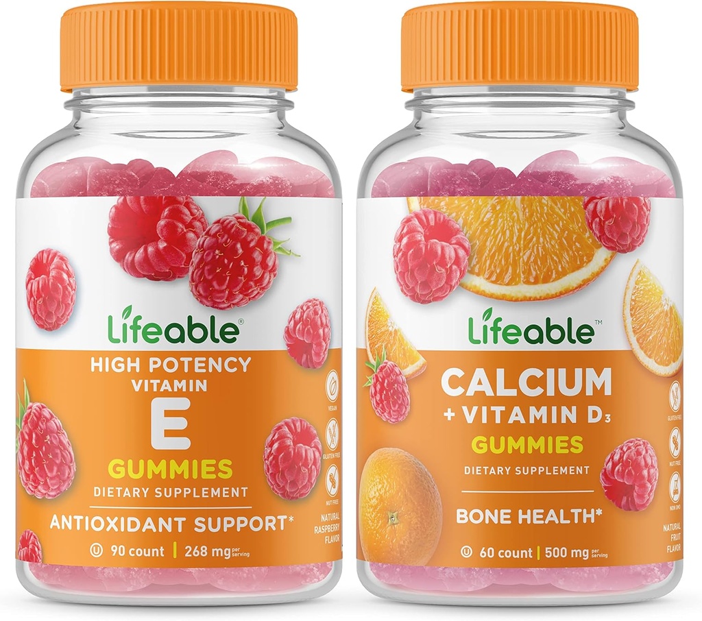 Livlig vitamin E + Kalcium med vitamin D, Gummies Bundle - Stor smak, vitamintillskott, Glutenfri, GMO Gratis, Tuggbar Gummy