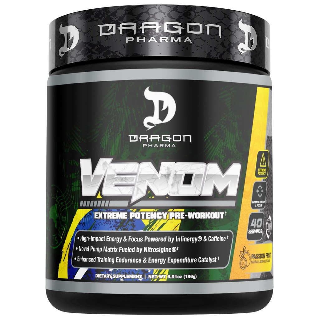DRAGON PHARMA Venom Extreme Potency Pre-Workout, Laser Sharp Focus + Energy, Intense Performance, beprövade ingredienser för förbättrad vasodilation och uthållighet (40 portioner, Passion Fruit)