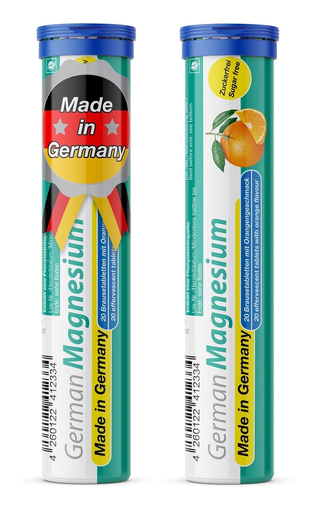 German Magnesium Oxide Supplement | Effervescent tabletter | Orange smak - 200 mg Magnesium per portion | Sugar Free, Vegan - T&D Pharma - Tillverkad i Tyskland
