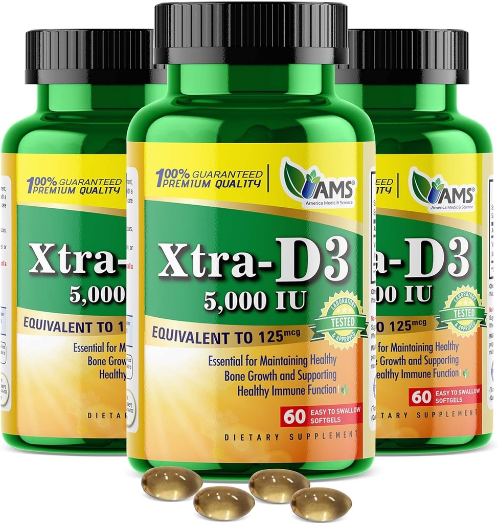 Amerika Medic & Science Xtra D3 Vitamin D 5 000 IE (125 mcg) Kolekalciferol Supplement för Män & Kvinnor (180Easy att svälja Softgels) 3pack|Bäst för Ben, Hjärthälsa, Immun System Support,Lung Funktion