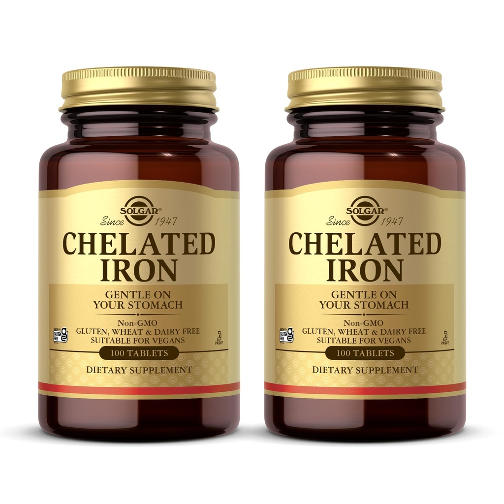 Solgar Chelated Iron - 100 tabletter, paket med 2 - Gentle på magen - Icke-GMO, Vegan, Gluten Free, Dairy Free, Kosher - 200 Total Servings