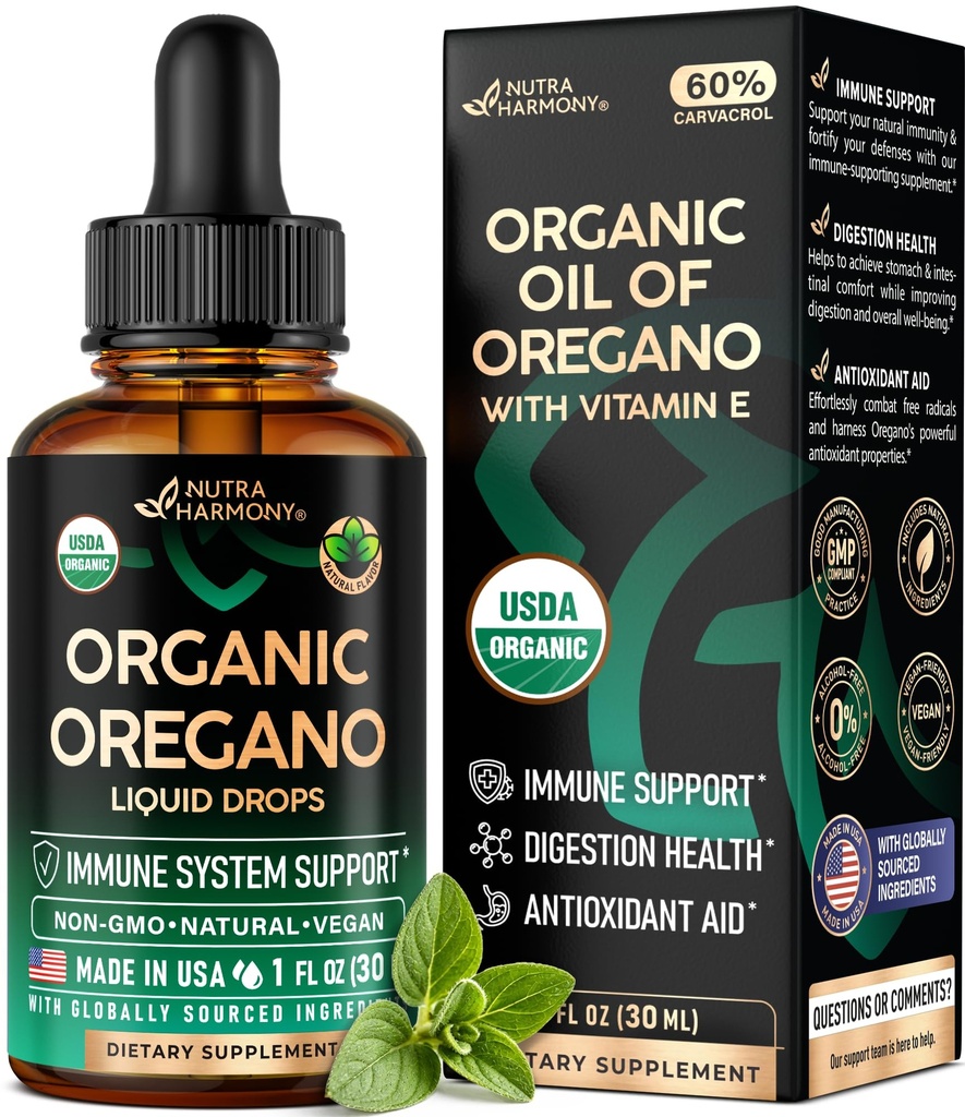 USDA Organic Oil of Oregano - Liquid Drops med vitamin E - Tillverkad i USA - Tillägg för immunstöd, Digestion Health & Antioxidant - Non-GMO, Natural, Vegan - Som piller, kapslar, Softgels 1 fl oz