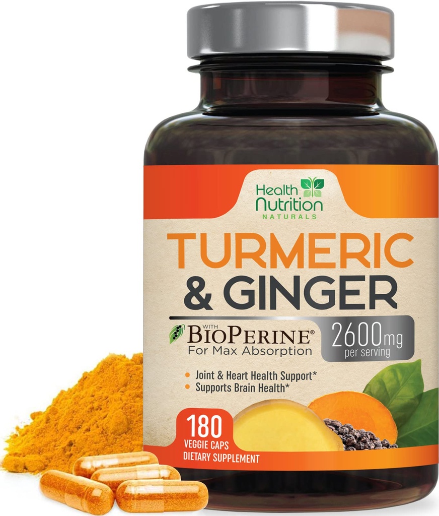 Gurkmeja Curcumin Supplement 2600mg - med organisk ingefära & gurkmeja, 95% Curcuminoids, BioPerine Black Pepper för bästa absorption, Naturens Vegan Joint Support, Non-GMO, Bottled i USA - 180 kapslar