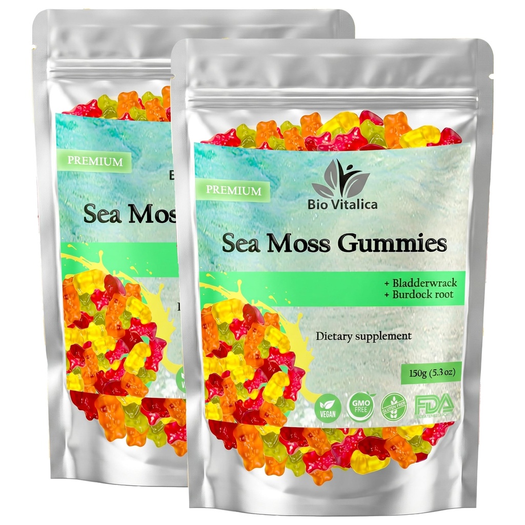 BIO VITALICA Sea Moss Gummies - med Bladderwrack & Burdock Root - Wildcrafted Gel + Powder - Vegan, Keto, Non-GMO, Gluten-Free - Fruity Mineral-Rich Gummies - 50 Count (2 Pack)