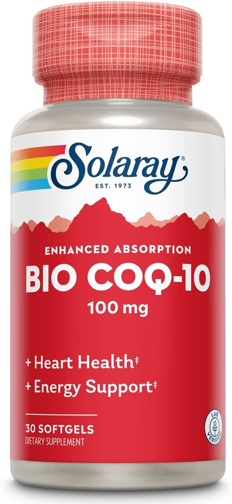 SOLARAY Bio CoQ-10 100 mg | Förbättrad absorption | Vitaminer A & E | Hälsosamt hjärta och cellulärt energistöd (30 CT)