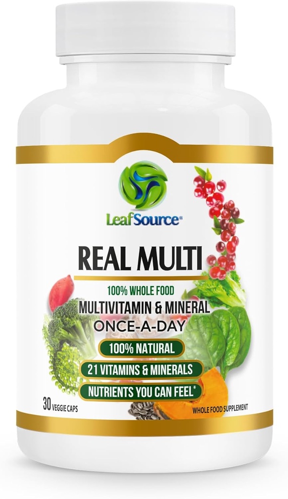 LEAFSOURCE Real Multi, Multivitamin Whole Food Supplement - 21 Vitaminer och mineraler tillverkade av verklig mat. Vegan, växtbaserade näringsämnen tillverkade av verkliga frukter grönsaker och hela livsmedel (30 vcap)