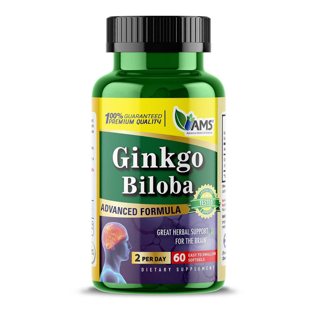 America Medic & Science Ginkgo Biloba 60mg (60 Softgels) | Brain Booster Supplement för män och kvinnor | Mind Enhancer med Herbal Leaf Extract