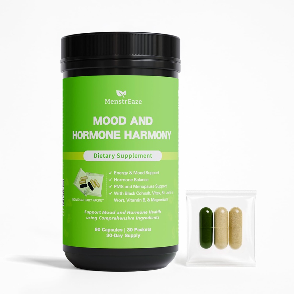 Hormonbalans för kvinnor - PMS Support Supplement for Mood, Menstrual Cramp, Bloating, Hormone-Free Perimenopause & Menopause Support, Chasteberry, Black Cohosh, St John's Wort, 30 Daily Packets