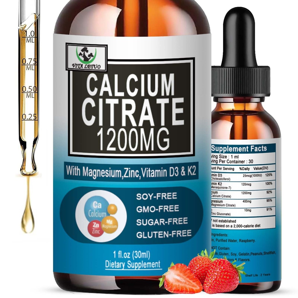 Calcium Citrate Supplement,1200mg Calcium med vitamin D3 Drops för ben, tänder, Colon, Cardiovascular Health, Hög Absorption Liquid Calcium Magnesium Citrate 400mg Plus Zink Vitamin K2,Vegan, 30 portioner