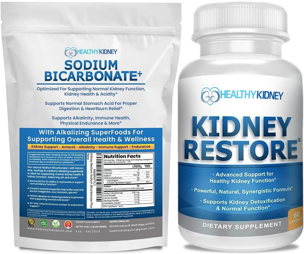Njuråterställning Organic Sodium Bicarbonate Alkaline Supplement 1LB Cleanse 60 Caps Bundle - Stöder Njurhälsa, Neutraliserar magsyra, Alkaline Superfoods, Immune Support, Antacid & Vitamins f