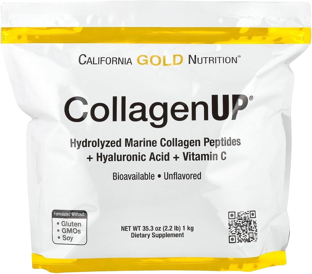 Kalifornien Gold Nutrition CollagenUP®, Hydrolyzed Marine Collagen Peptides med Hyaluronsyra och vitamin C, Unflavored, 2,2 lb (1 kg)