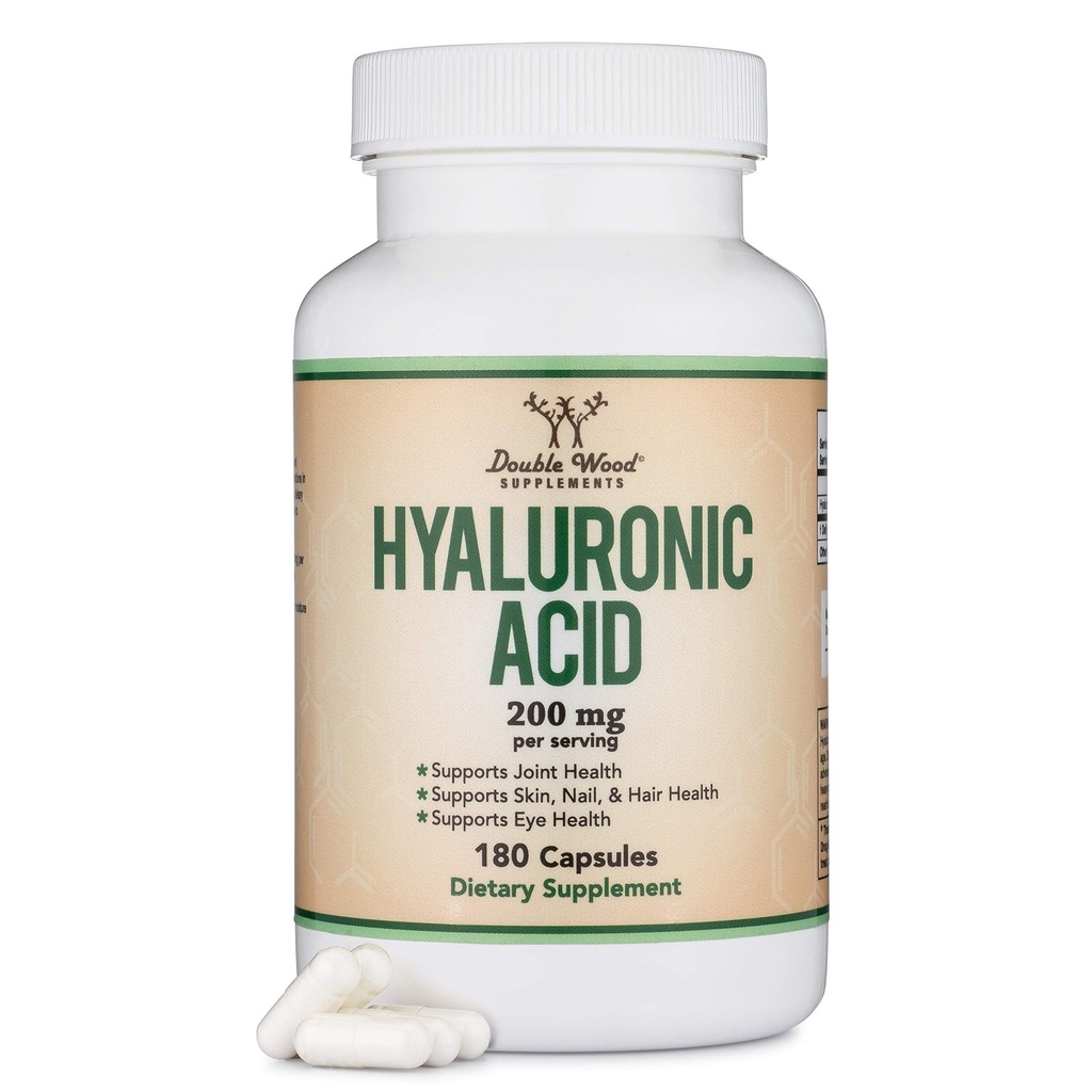 Hyaluronsyratillskott -180 kapslar (Förbättrar effekterna av Hyaluronsyra för ansikte) 200 mg Per servering för hud och ansikte åldrande stöd (Acido Hialuronico) Gluten fri genom dubbelträ