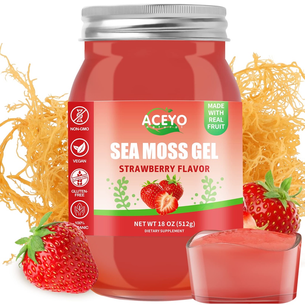 (18 OZ) Irish Sea Moss Gel Raw Vegan Strawberry Flavor 102 Vitamins and Minerals Wild Harvested Non-GMO Immune Defense Booster Thyroid Digestive Support