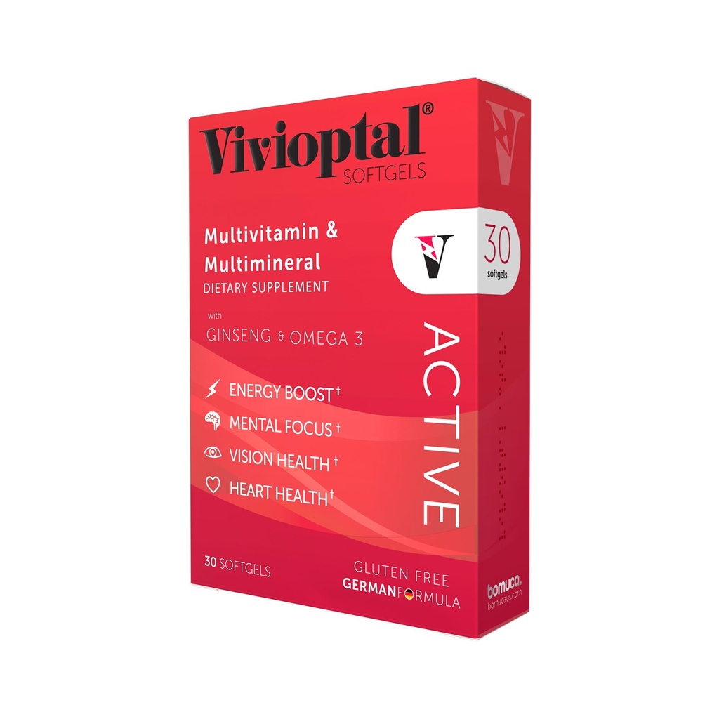 Vivioptal Active, 30 Softgels, Ginseng & Omega 3, Multivitamin & Multimineral, Gluten Free, Tysk Formel