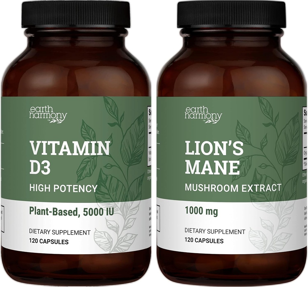 Earth Harmony Vegan Vitamin D3 5000 iu & Organic Lion Mane 1000mg Supplement - 120 kapslar
