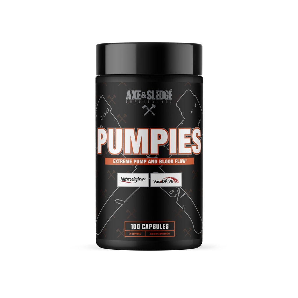 Axe & Sledge Supplements PUMPIES Nitric Oxide Booster med VasoDrive-AP och Nitrosigine, Öka pumpar, prestanda och återhämtning, 20 portioner, 100 kapslar