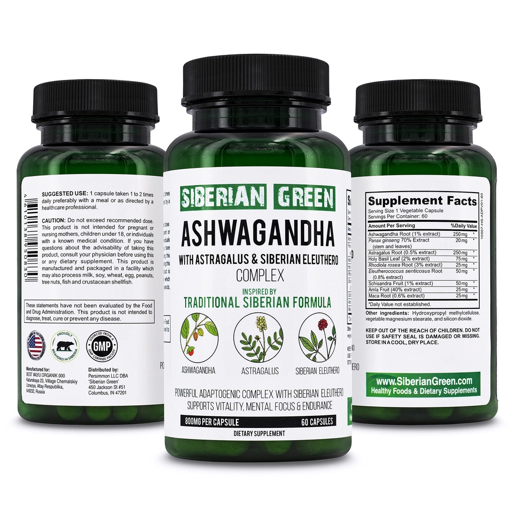 Siberian Green Organic Ashwagandha Root med Astragalus & Siberian Eleuthero Ginseng Complex 60 kapslar Kraftfull Herbal Support