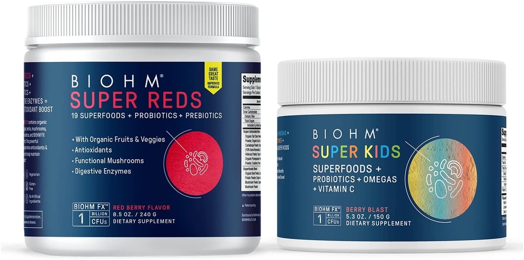 BIOHM Super Reds Superfood Powder, Tart Cherry & Super Kids Superfood Powder + Probiotika, fördelaktiga antioxidanter & Omega-3 - Gluten Free, GMO Free, Dairy Free, Inga artificiella ingredienser