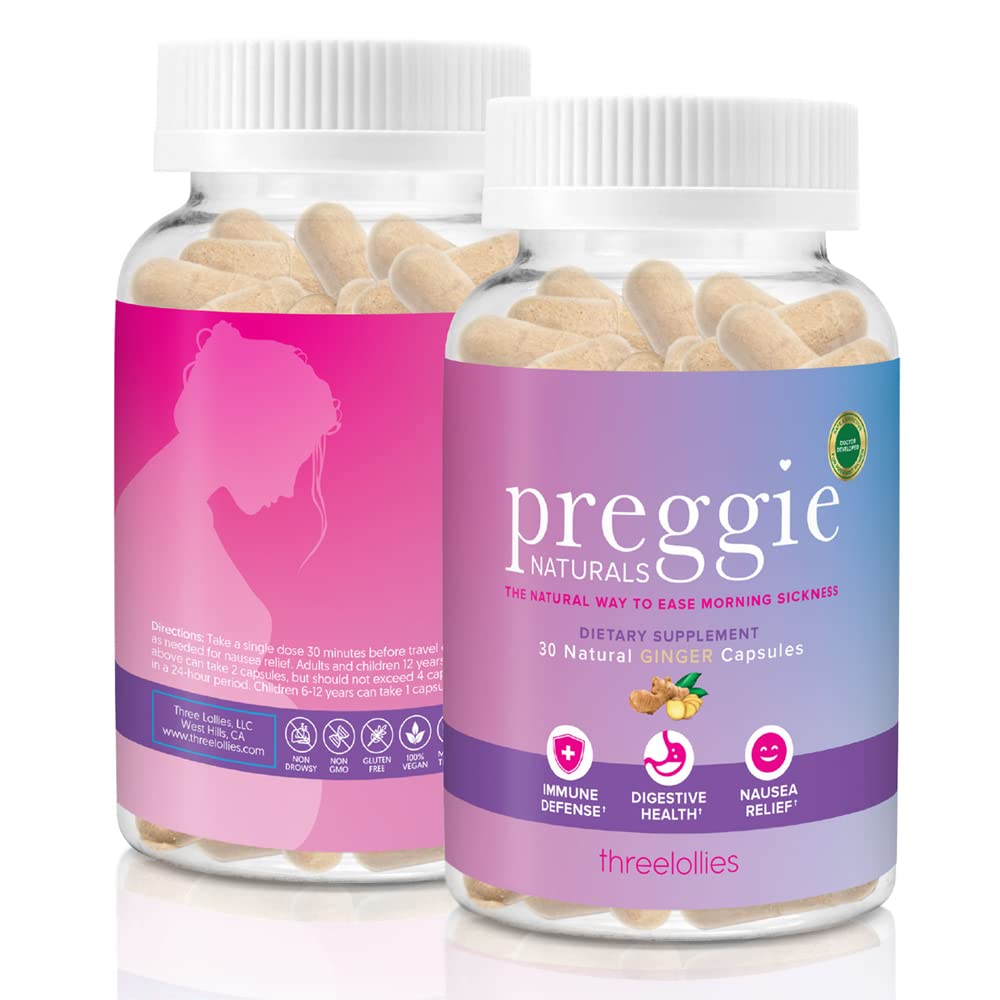 Preggie Three Lollies Naturals Ginger Capsules - Morning Sickness Relief - Natural & Doctor Developed - 15 portioner (2 kapslar / servering) - Stöder immunförsvar och Digestive Health