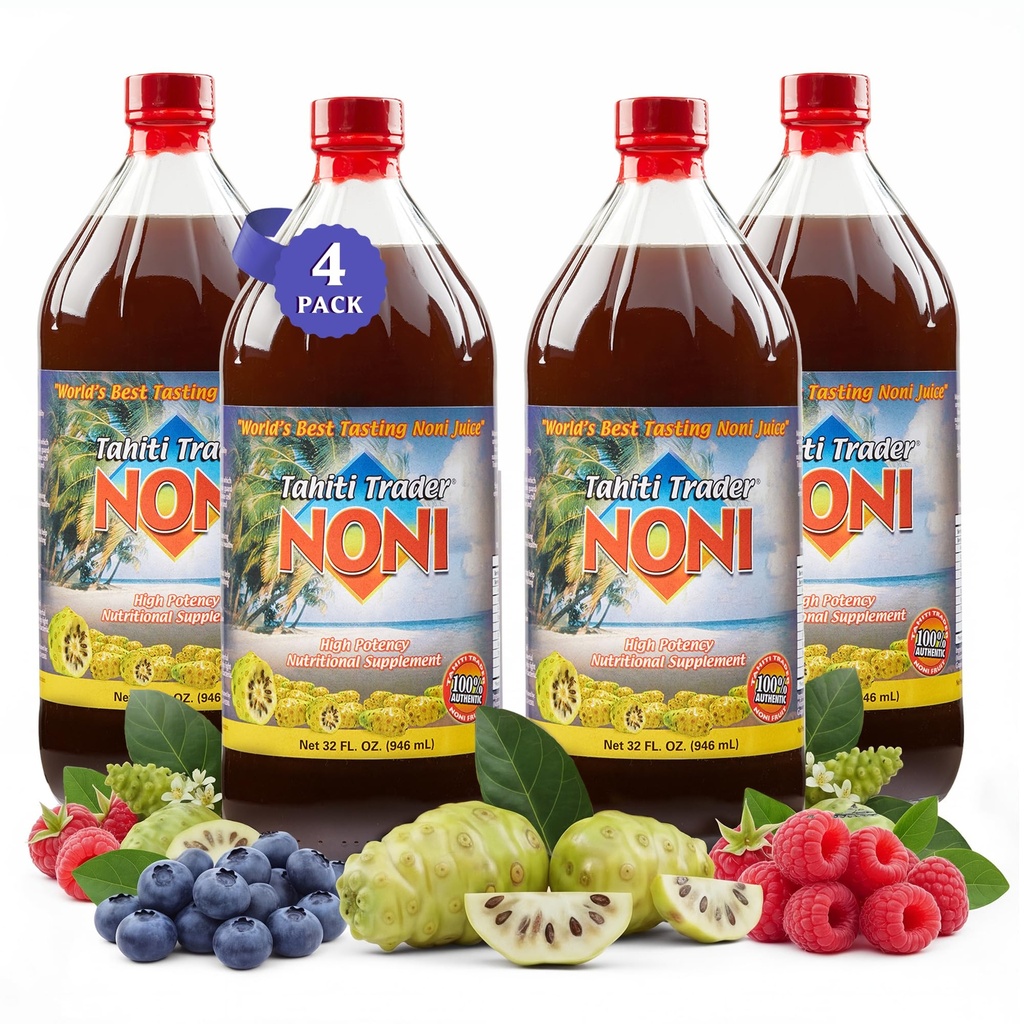 TAHITI TRADER (4-PK) Original High Potency Noni Juice - Pure Noni Fruit Juice med Blueberry & Raspberry - Organic Antioxidant Superfood Supporting Energy & Body Health - (32oz, 4 Pack)