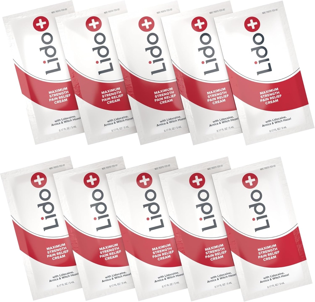 Lido + 10-Pack Lidocaine Cream Sachets | Snabb lättnad för gemensam och muskelsmärta, smärtlindring Cream | Långvarig formel, tillverkad i USA