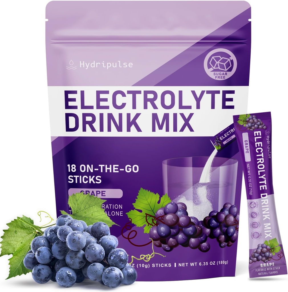 Electrolytes Powder Packets - Sugar Free, Naturligt smaksatt, 10 Electrolyte & Vitamins Electrolyte Drink Mix - Grape Flavors, Keto Friendly, Vegan, Non-GMO, 18 Packets