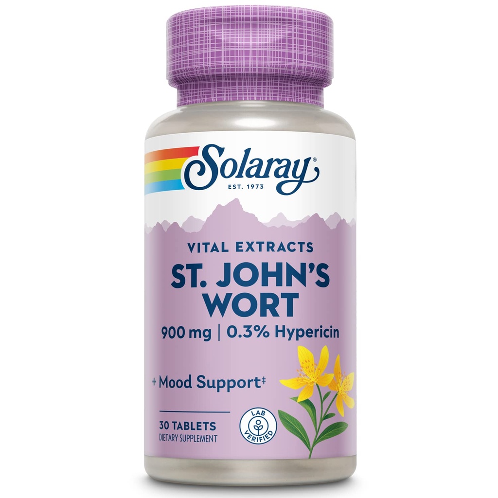 SOLARAY St John's Wort 900 mg, Once Daily Mood Support Supplement, standardiserad till 0,3% Hypericin för hjärnhälsa och ett balanserat humör, 60-dagars pengarna tillbaka garanti | 30 portioner | 30 tabletter