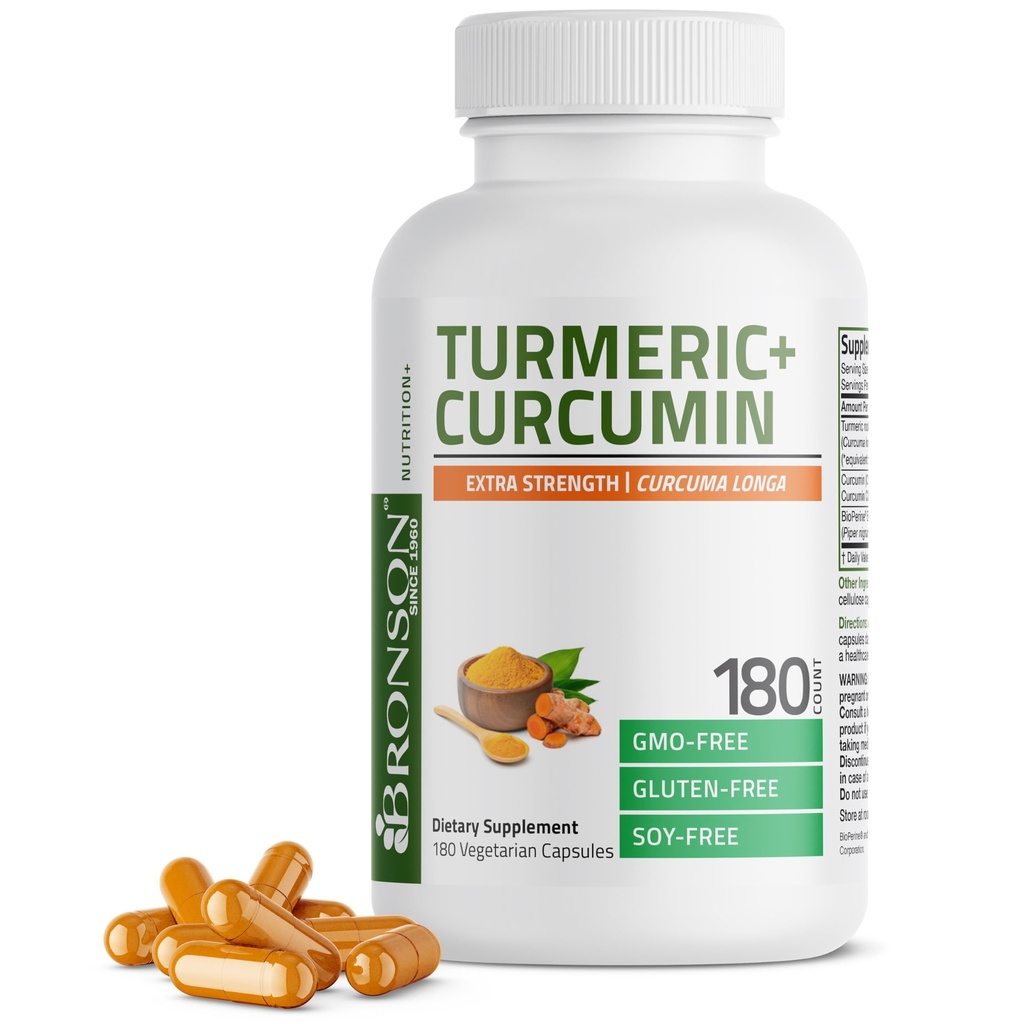 Bronson Turmeric Curcumin Extra Strength - Antioxidant, Joint & Digestion Support med BioPerine, Non-GMO, 180 vegetariska kapslar
