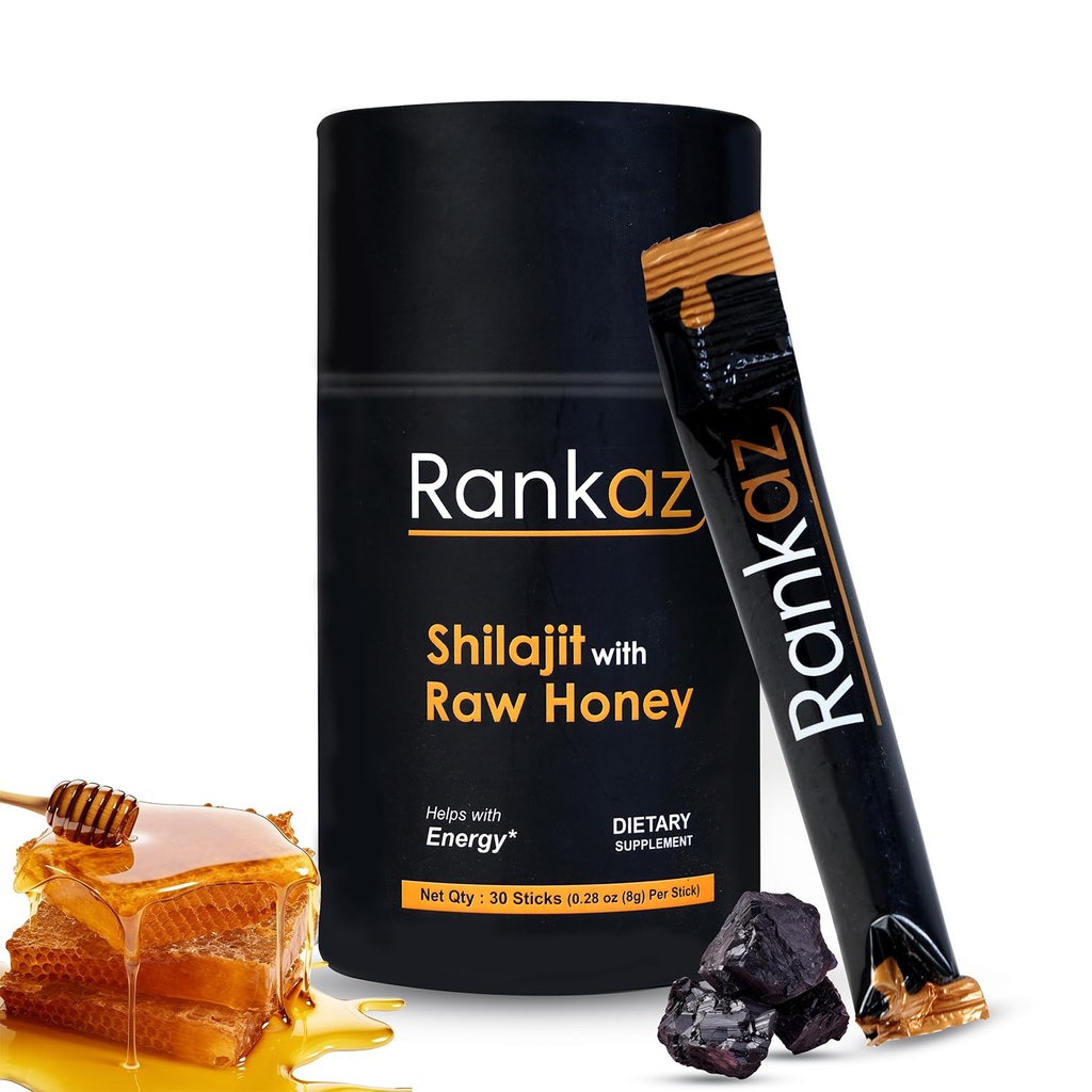 Rankaz Natural Shilajit Honey Sticks Organic - 30 Sticks, Shilajit Honey Fulvic Acid and Trace Minerals