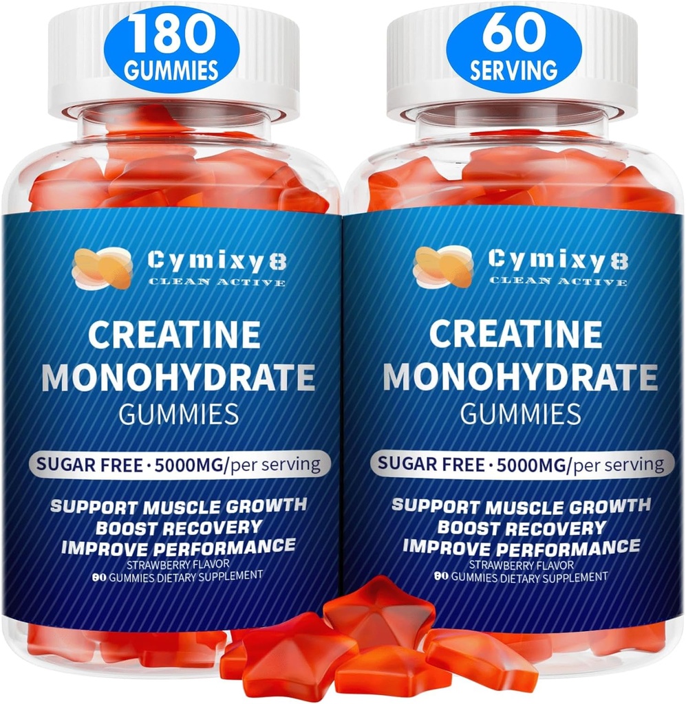 Kreatinmonohydrat Gummies 5g för män och kvinnor, 7100mg med liposomal taurin, BCAA, Alpha GPC, B12, kreatinmonohydrater Chews för muskeltillväxt, jordgubbsmak, 180Count
