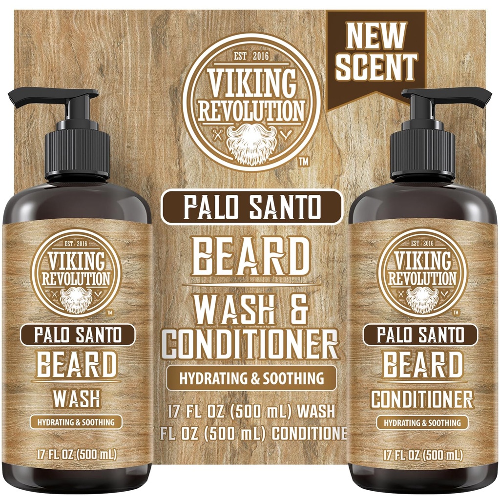 Viking Revolution Palo Santo Beard Wash and Beard Conditioner Set with Argan and Jojoba Oils - Softens and Strengthens - Natural Palo Santo Scent - Beard Shampoo med Ginseng Root Extract (17 oz)