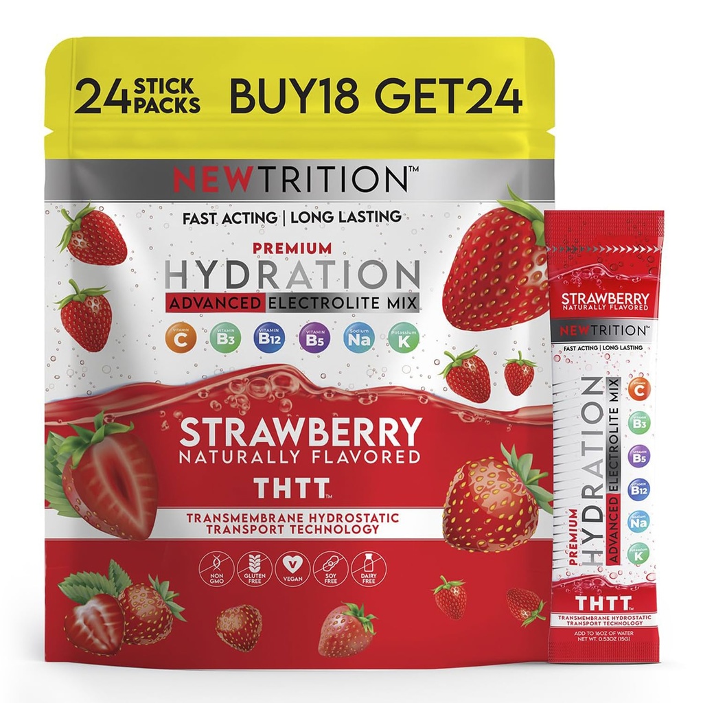 Hydrationspulver, jordgubbspaket med 24 elektrolytpulverpaket, naturligt smaksatta hydratpaket för vatten, snabbverkande hydratelektrolyter med vitamin B & C, energi och återhämtning