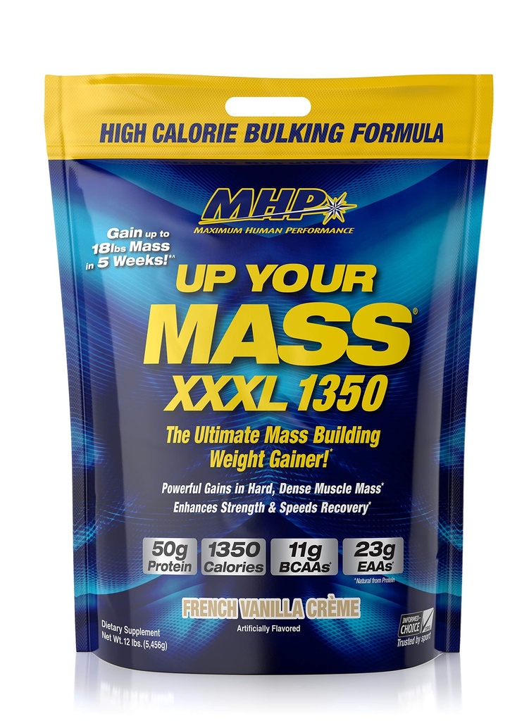 Maximal mänsklig prestanda MHP UYM XXXL 1350 Mass Building Weight Gainer, Muscle Mass Gains, w/50g Protein, High Calories, 11g BCAAs, Leucine, French Vanilla Creme, 16 portioner