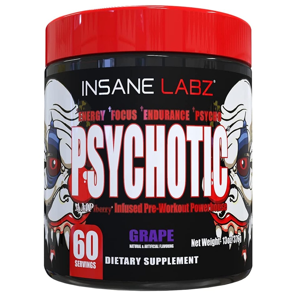 Insane Labz Psychotic, High Stimulant Pre Workout Powder, Extreme varaktig energi, fokus och uthållighet med Beta Alanine, Kreatin Monohydrat, DMAE, 60 Srvgs, Grape