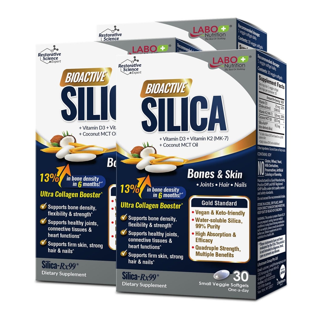LABO Nutrition Bioactive Silica - För hår, hud, naglar, Collagen Formation, Joint & Bone Strength - Stöd Bone Health & Collagen Booster - 99% Purity Rice-Derived Silica Supplement, 30 Vegan Softgel