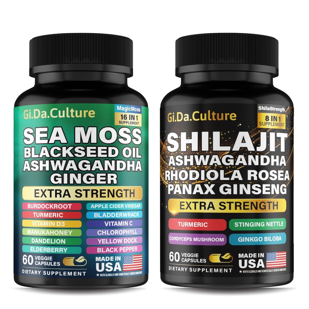 Shilajit och Sea Moss Combo - Sea Moss och Shilajit Bundle med Ashwagandha, Black Seed, gurkmeja, Bladderwrack, Burdock, Black Pepper med vitaminer och antioxidanter - 120 Veggie Capsules